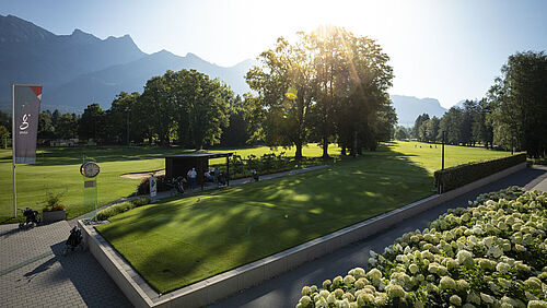 Sunlit park with lush green grass and scattered trees, mountains in the background. A small pavilion and a flag can be seen in the scene, radiating tranquillity.